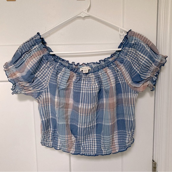 AEO 🦅 Off Shoulder Plaid Puff Sleeve Crop Top - Picture 9 of 15